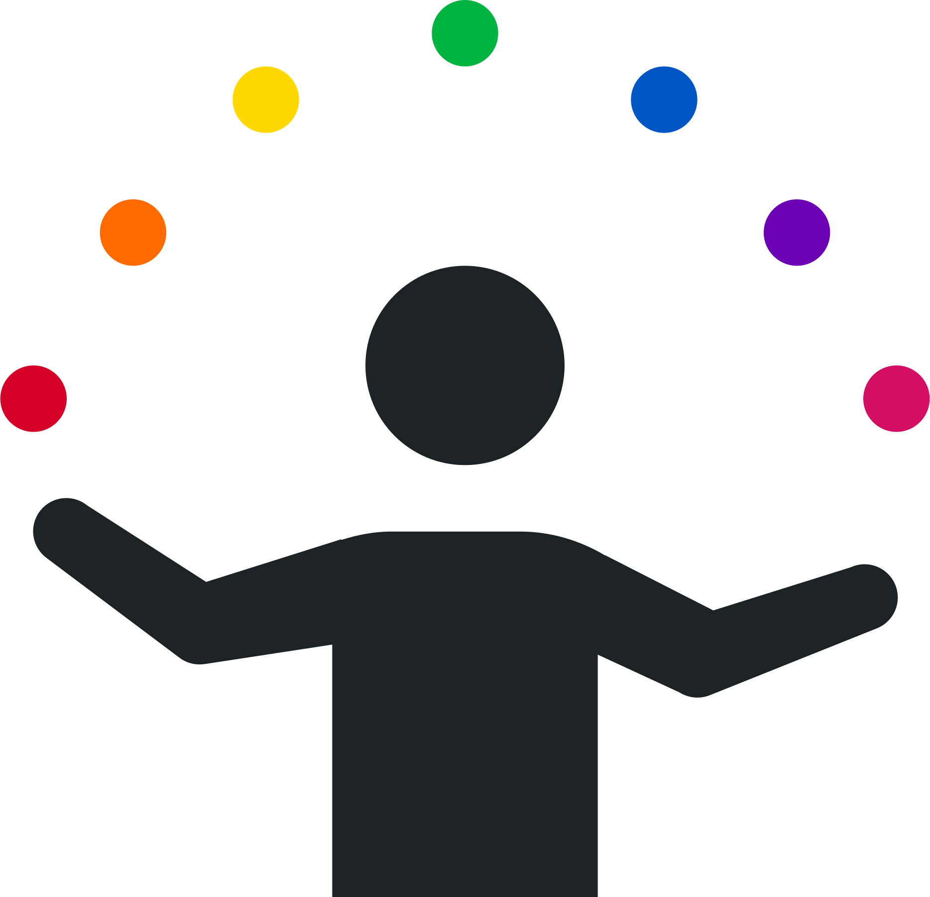 An icon of a person, juggling 7 rainbow-colored balls