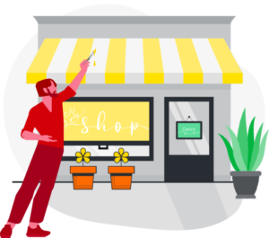 A cartoon of a man painting a shop exterior in bright colors