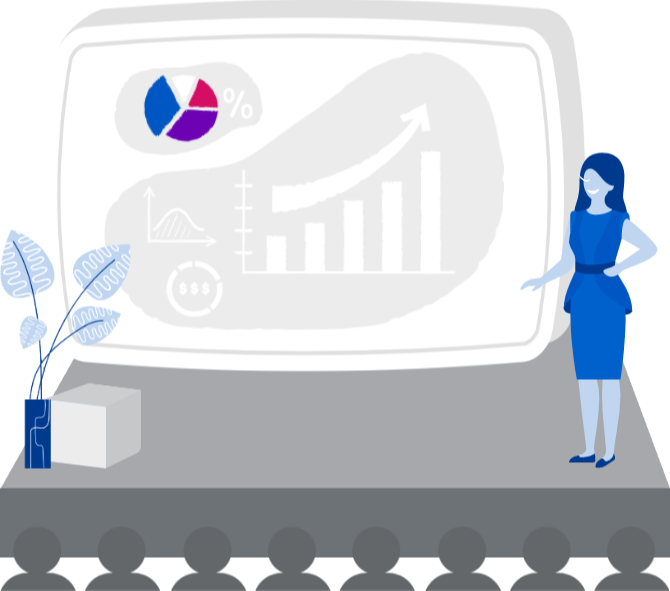 A cartoon of a woman giving a presentation in front of an audience