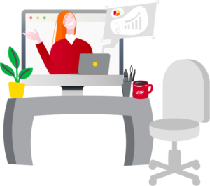 A cartoon of a computer desk, with a monitor showing a smiling woman opening an emailed graph on her laptop