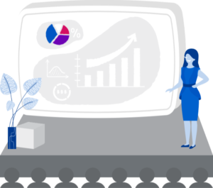 A cartoon of a woman giving a presentation in front of an audience