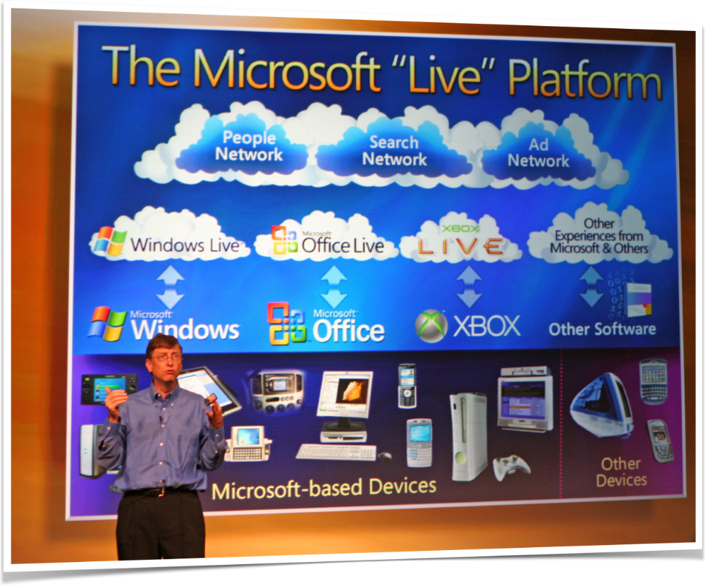 Bill Gates presenting The Microsoft Live Platform, using a very messy slide