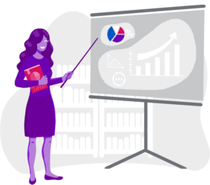A cartoon of a woman holding a book, teaching a class about business and infographics
