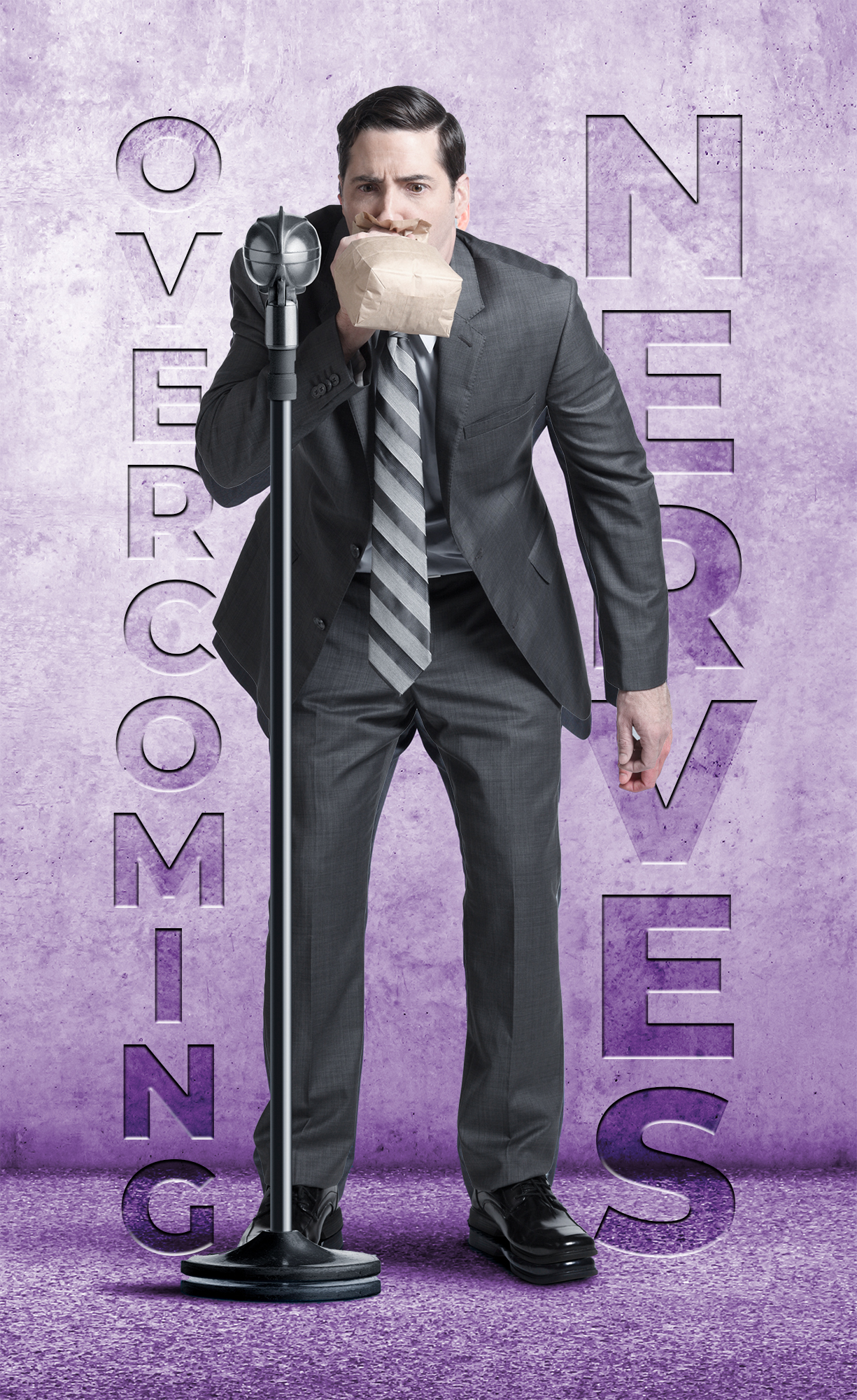 overcomingnerves A nervous man standing in front of a microphone, hyperventilating and breathing into a paper bag, with the words "Overcoming Nerves" behind him