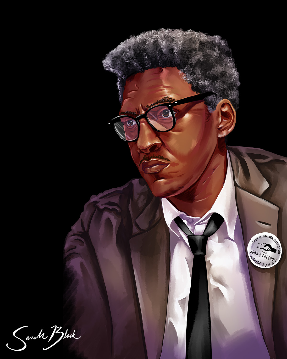 An original digitally painted portrait of Civil Rights & LGBTQIA+ icon Bayard Rustin, with line work by Heather Lawver & color rendering by Sarah Black, created for Deviant Events.
