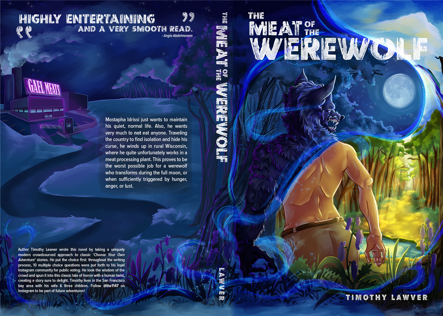 An original digitally painted book cover for 'The Meat of the Werewolf' by Timothy Lawver. Painting by Sarah Black, concept and typography by Heather Lawver.