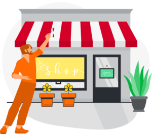 An illustrated representation of our branding services, showing a man painting the outside of his small business in bright happy colors