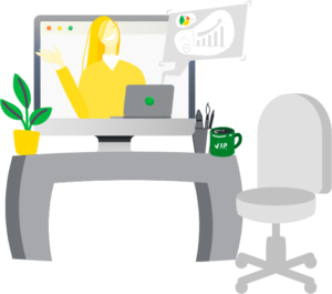 An illustrated representation of a woman on a zoom meeting, talking about her emailable pitch deck.