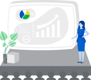 An illustration of a woman, confidently standing on a stage delivering a keynote address in front of beautifully designed slides, before a large audience