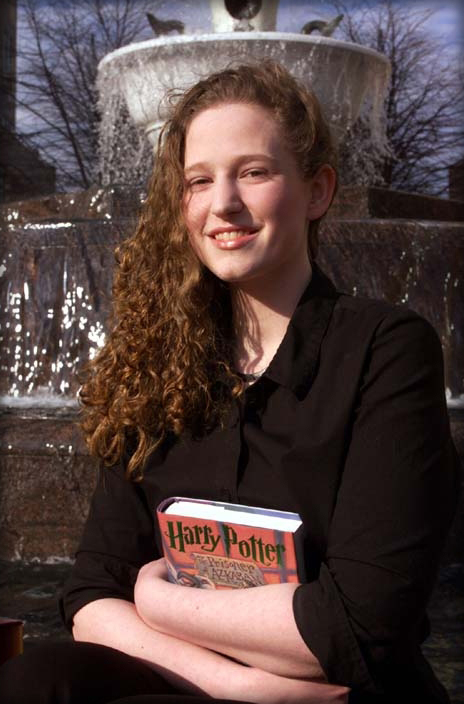 A photograph of a young Heather Lawver, taken by a photographer from USA Today at the launch of the PotterWar boycott
