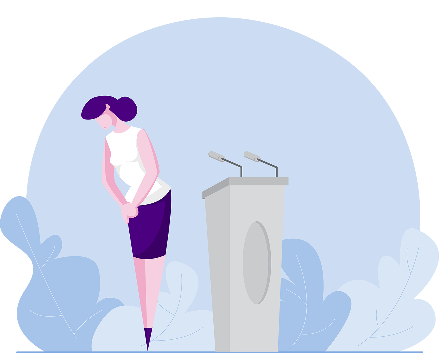 A stylized illustration of a woman shying away from a podium, too nervous to speak in public