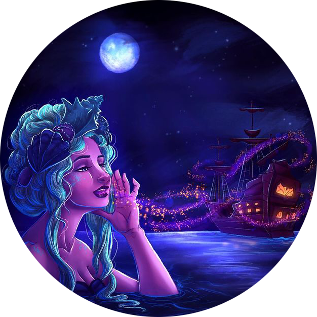 A mermaid singing a siren song toward a sailing ship, by Sarah Black