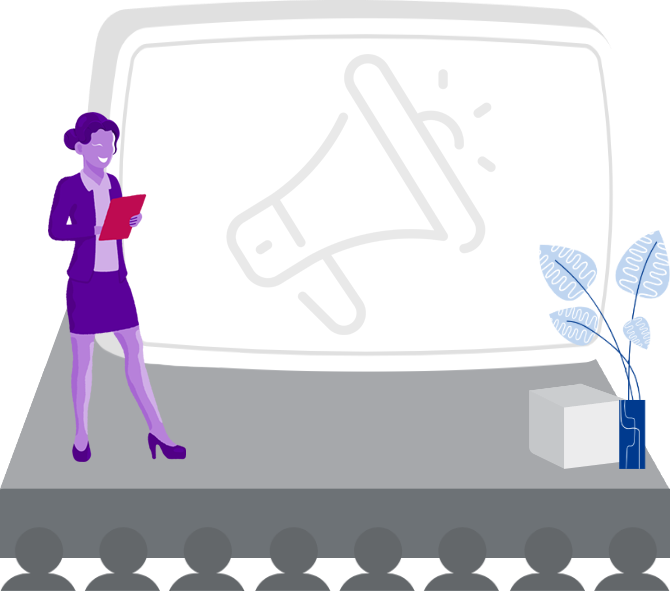 An illustration of a woman in a purple suit commanding the stage in front of a large audience