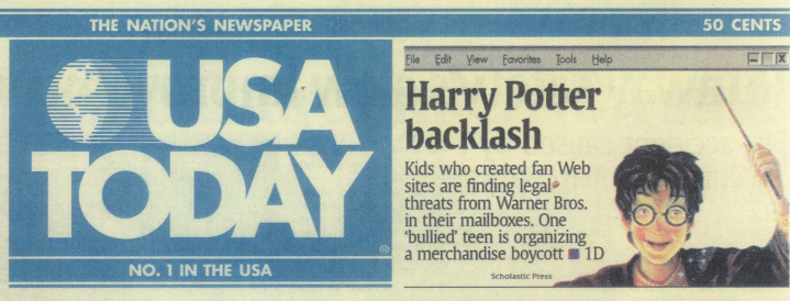 The teaser about the launch of PotterWar on the very front page of USA Today from 2001