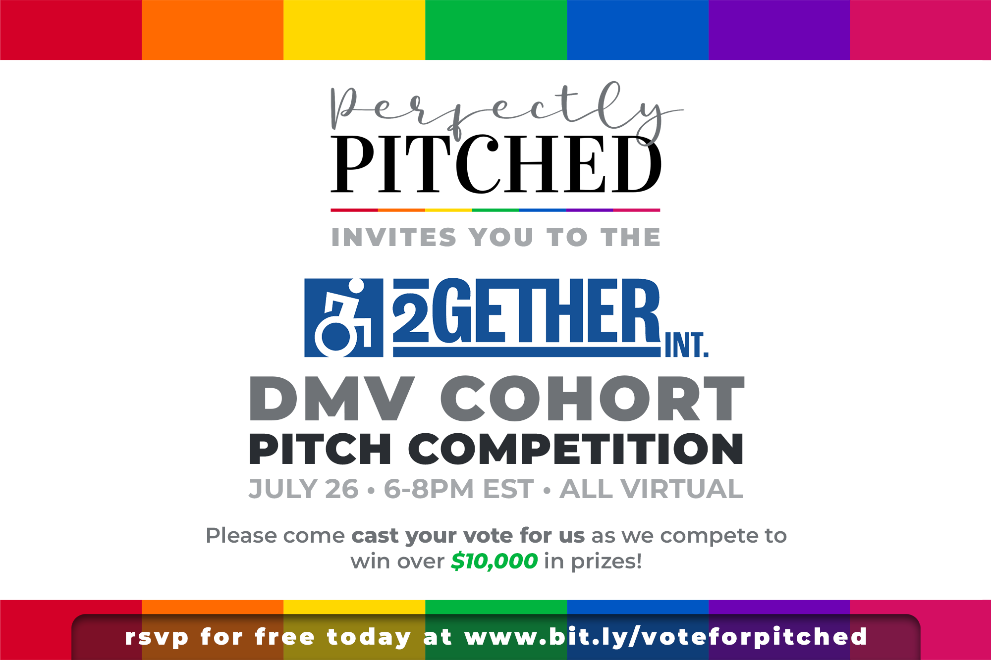 Perfectly Pitched invites you to the 2Gether International DMV Cohort Pitch Competition! July 26, 6-8pm EST, all virtual. Please come cast your vote for us as we compete to win over $10,000 in prizes! RSVP for free today at www.bit.ly/voteforpitched