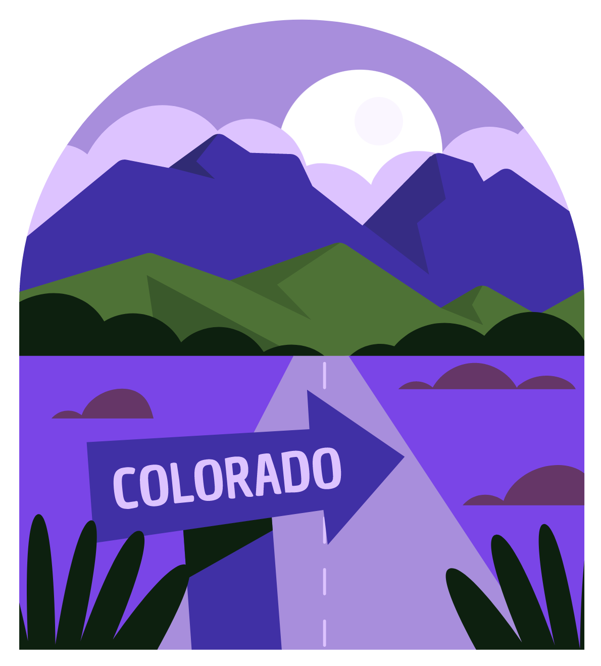 A graphic illustration of a road leading toward mountains at night, with the moon cresting over the top of them, and a great big sign pointing the way that says,"COLORADO"