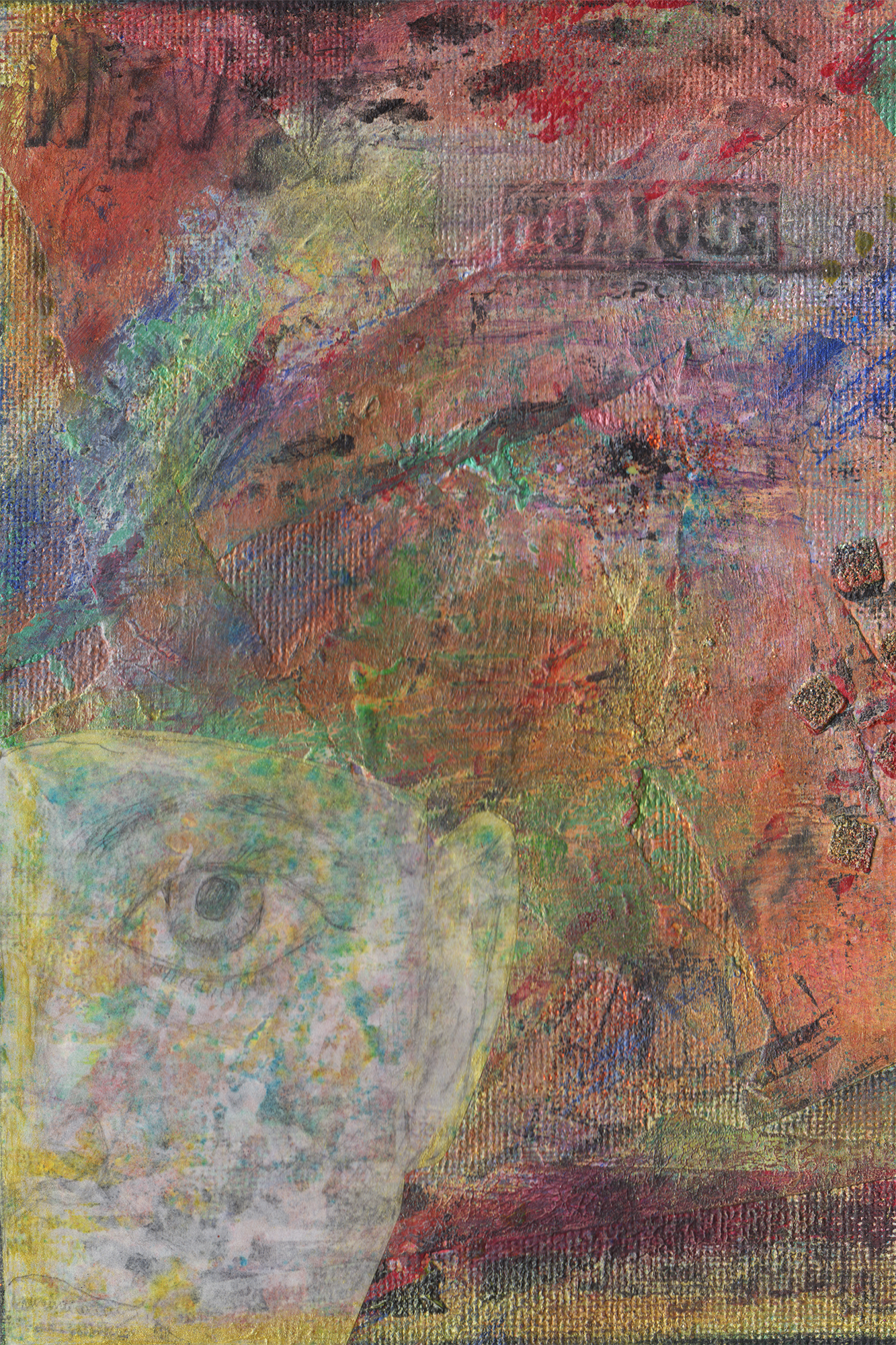 "Never Again", an original painting by A.H. Lawver. A cacophony of color, with a simple face staring at the viewer.