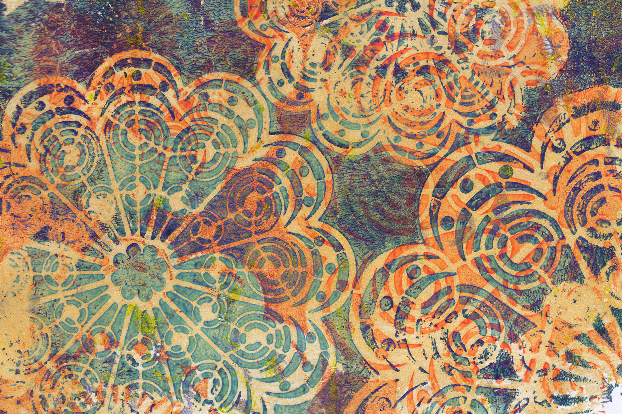 A wild & free painting with a series of patterns that look like lace, atop a freeform mix of colors.