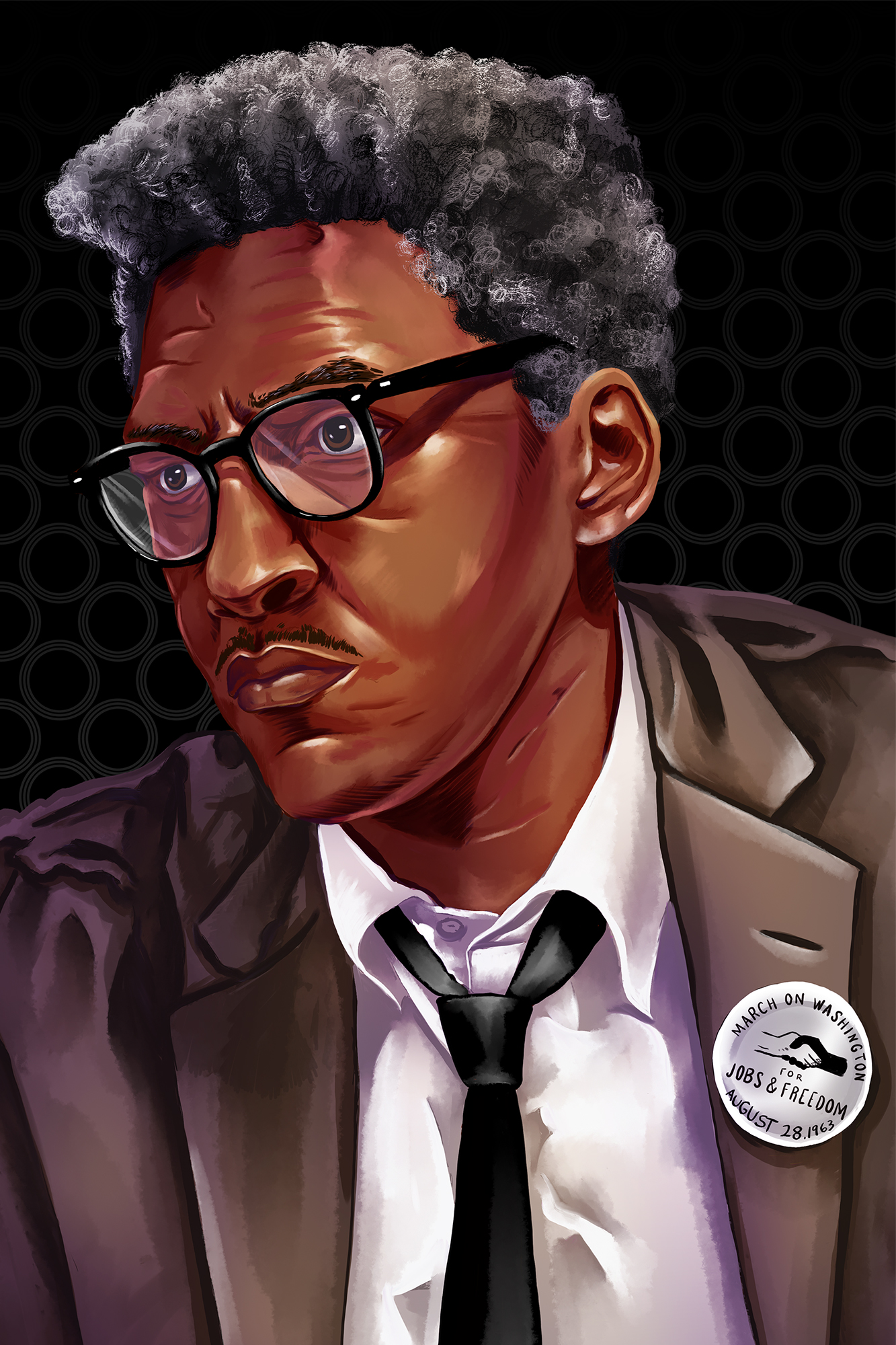 A painted portrait of Bayard Rustin, organizer of the March on Washington, painted by Sarah Black.