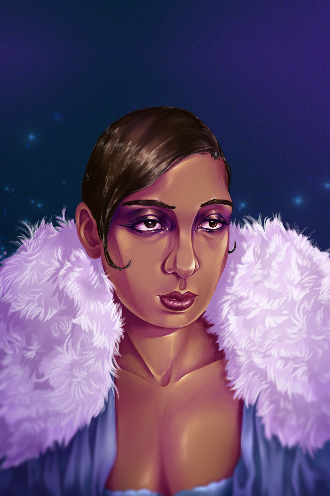 An original illustration of Josephine Baker by Sarah Black. Josephine is looking beautifully sultry, wearing a blue dress & cape, with a pale purple ostrich feature collar. Her hair is slicked close to hear head, with one perfect curl framing her cheek.