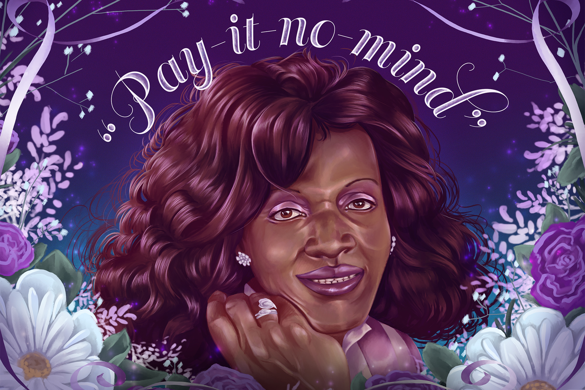 A painted portrait of Marsha P. Johnson, with beautiful script words framing her flowing hair that reads, "Pay-It-No-Mind." Art by Sarah Black, text design by Heather Lawver.