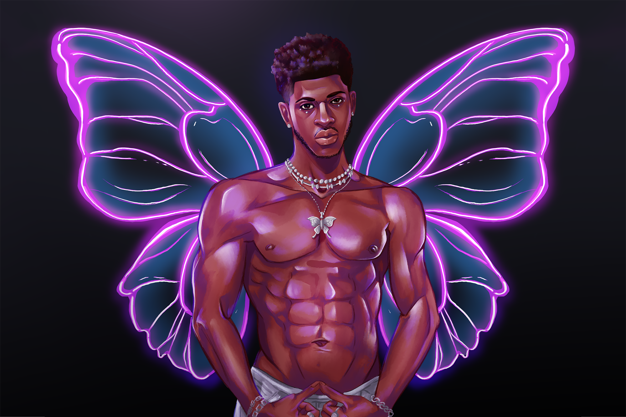 An original digitally painted portrait tribute to Lil Nas X by Sarah Black. Lil Nas is shirtless, looking toward the viewer, wearing a butterfly necklace, with great big neon-purple butterfly wings on his back. 