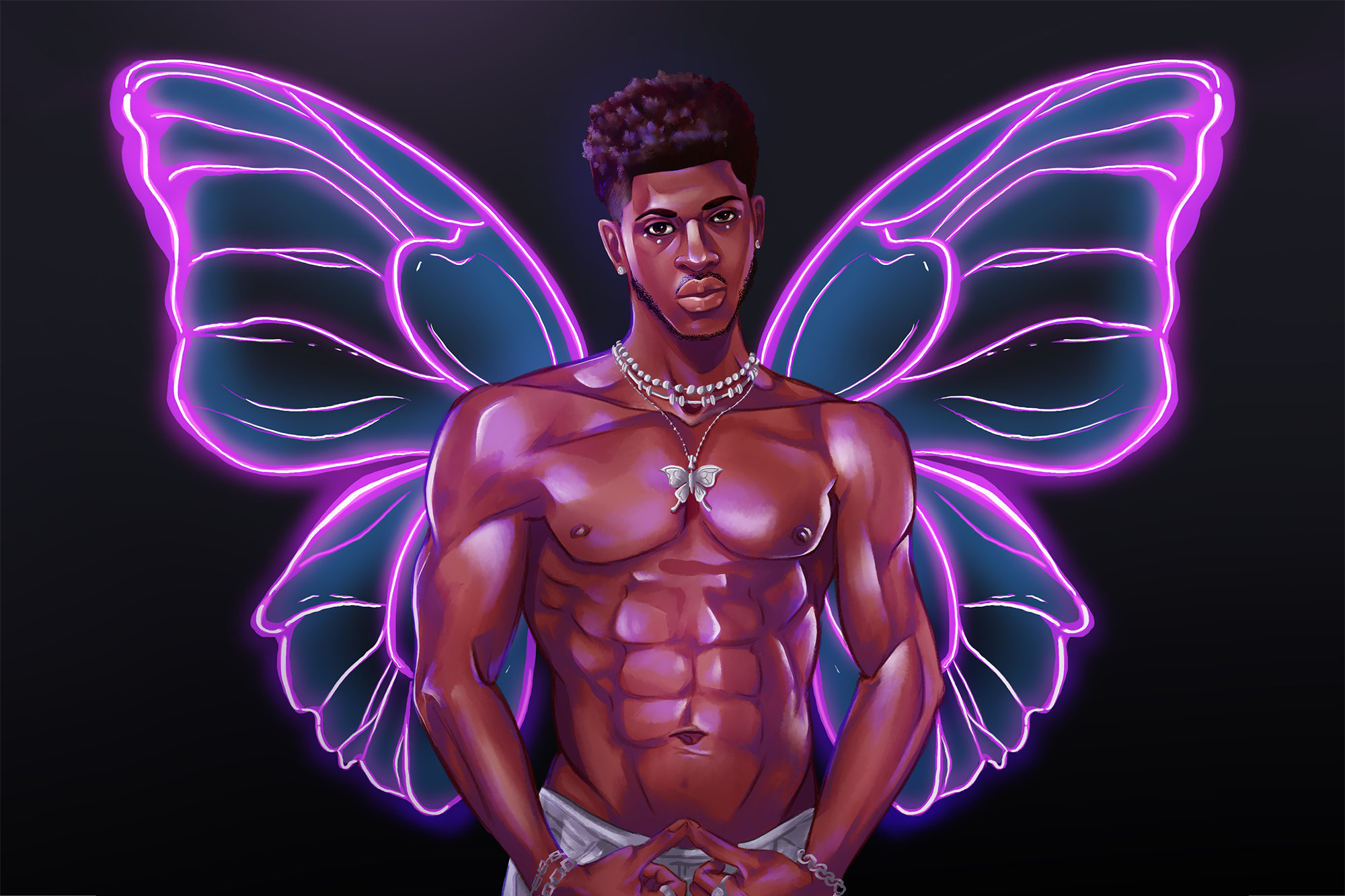 An original digitally painted portrait tribute to Lil Nas X by Sarah Black. Lil Nas is shirtless, looking toward the viewer, wearing a butterfly necklace, with great big neon-purple butterfly wings on his back.