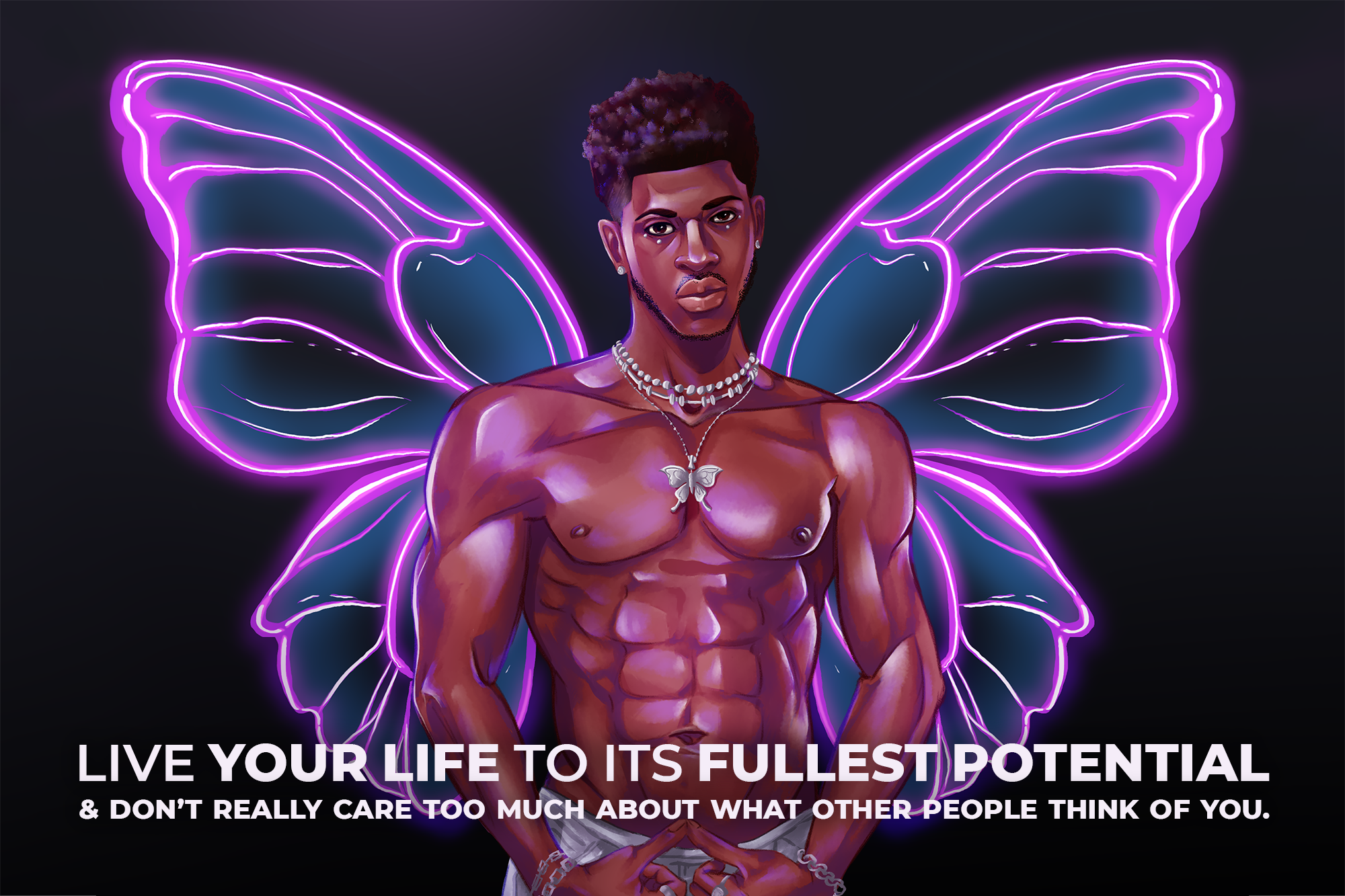 An original digitally painted portrait tribute to Lil Nas X by Sarah Black, now with a quote in bright white text that reads, "Live your life to its fullest potential & don't really care too much about what other people think of you."