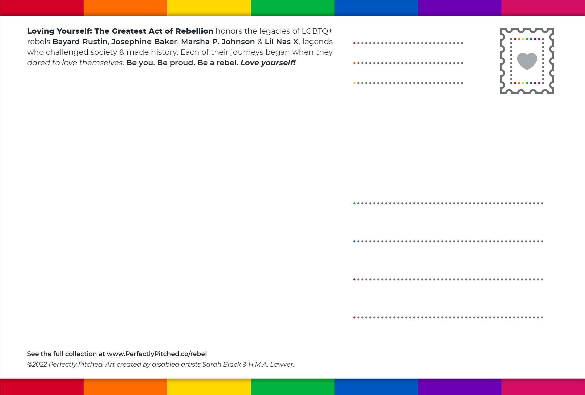 The back of the Loving Yourself postcard, with rainbow stripes and an adorable heart stamp placeholder.