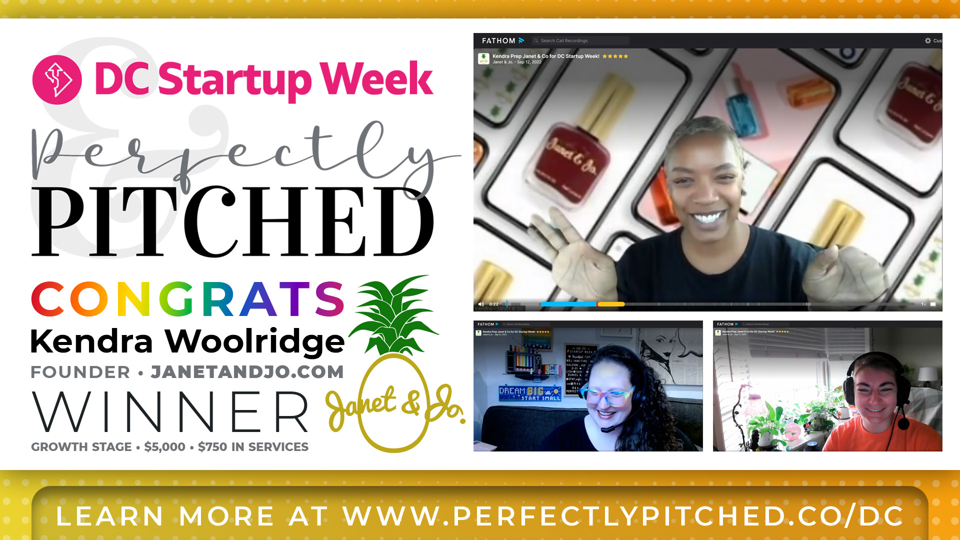 A collage showing screenshots from a zoom pitch coaching session with Kendra Woolridge, founder of JanetAndJo.com, and the team from Perfectly Pitched, Heather & Sarah. It also shows the logos of DC Startup Week & Perfectly Pitched, who congratulate Kendra on winning the growth stage pitch competition!