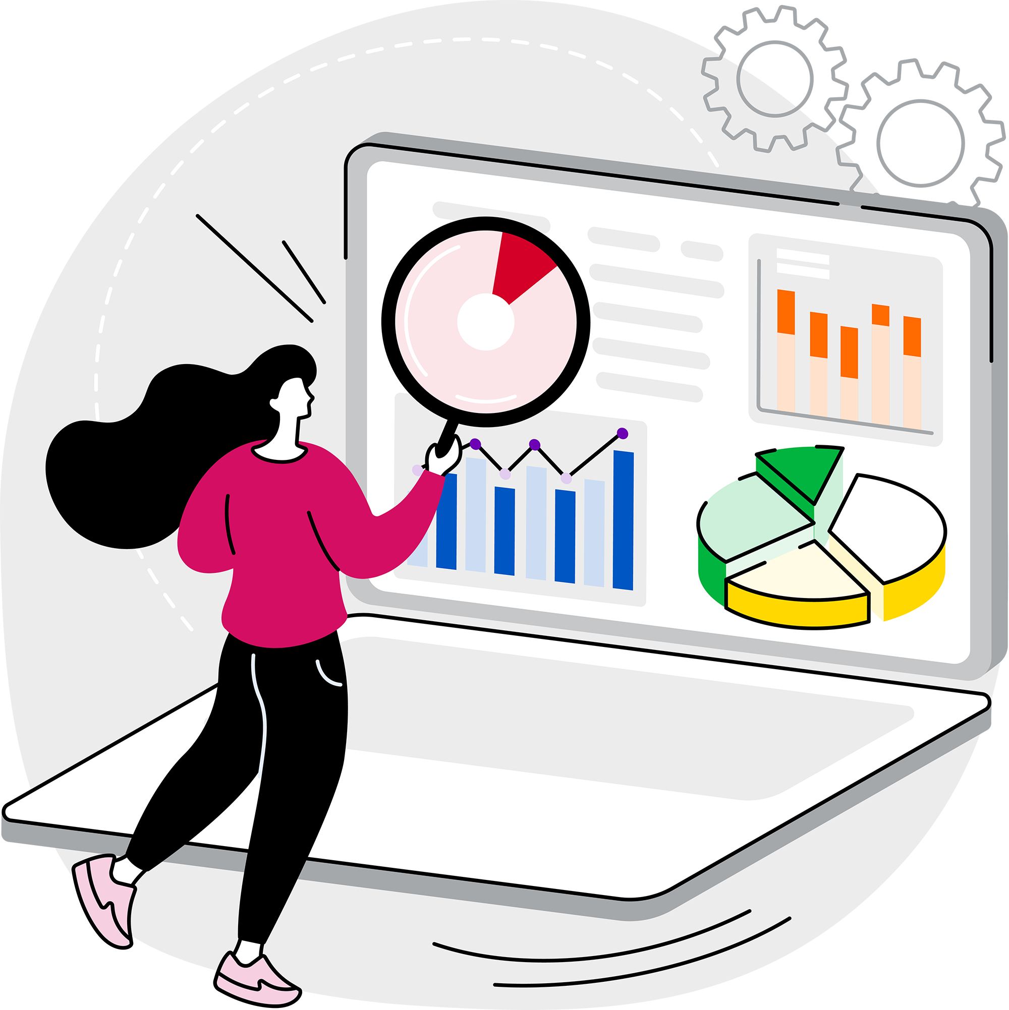 A simple, modern graphic illustration of a stylized woman using a comically oversized magnifying glass to examine the various elements of a pitch deck, appearing on a similarly oversized laptop.