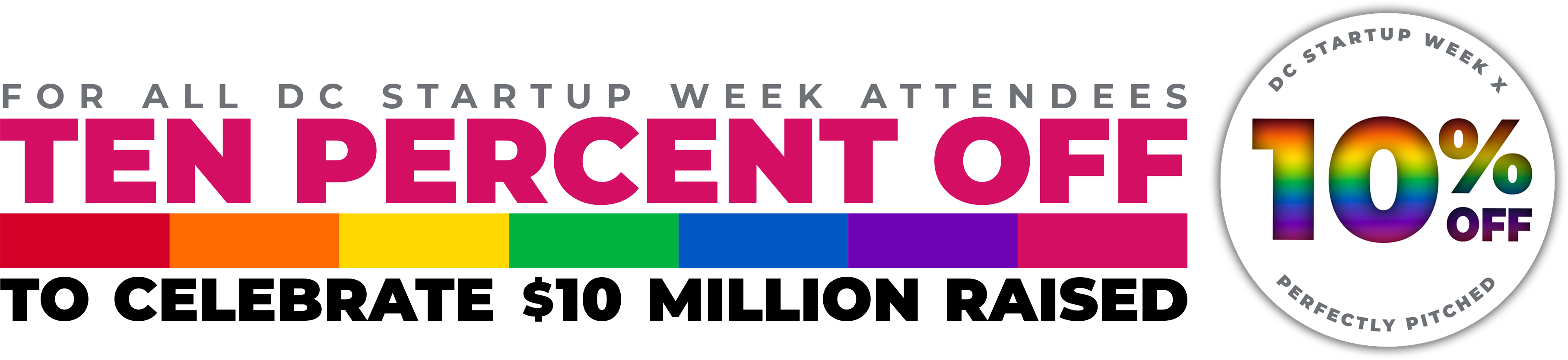 For all DC Startup Week attendees, 10 percent off to celebrate $10 million raised! Graphic includes the specially designed discount button, a rounded white graphic that says, "DC Startup Week x Perfectly Pitched, 10% off"