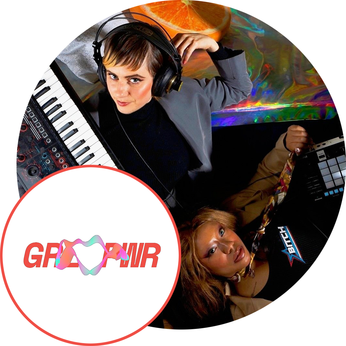 The Grl Pwr logo, alongside a photograph of co-founders Amy Reid & Pangelica