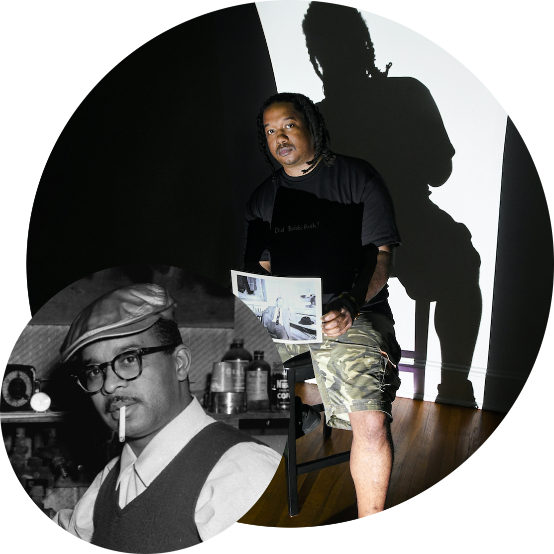 Promotional photographs from the IHenry Photo Project. Photos show Founder, Webster Phillips III, seated on a stool, facing the camera, with a bright spotlight illuminating him and casting his shadow against a backdrop behind him. He's holding a print of photographs by his Father, Irving Phillips, who's pictured in a bubble in the lower left. He's wearing a flat cap, black retro square-framed glasses, and has a lit cigarette dangling from his mouth. He's inside a photographer's studio, wearing a white shirt and dark colored vest, looking intently at the viewer.