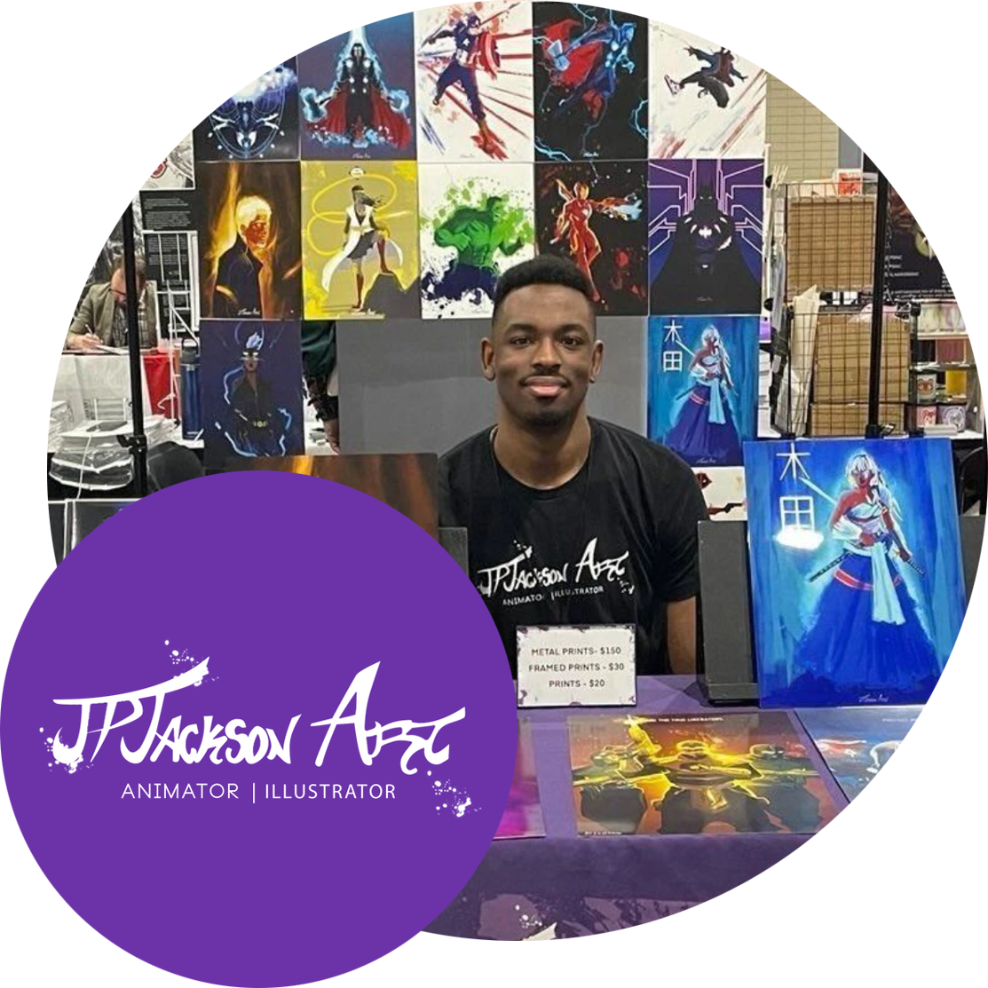 Logo & promotional image from J.P. Jackson Art, animation & illustration. The photo shows J.P. seated at a booth at a convention, surrounded by prints & graphic novels of his work. He's smiling & looking at the camera, wearing a black shirt with his logo on it, and is holding up some of his artwork to show the viewer.