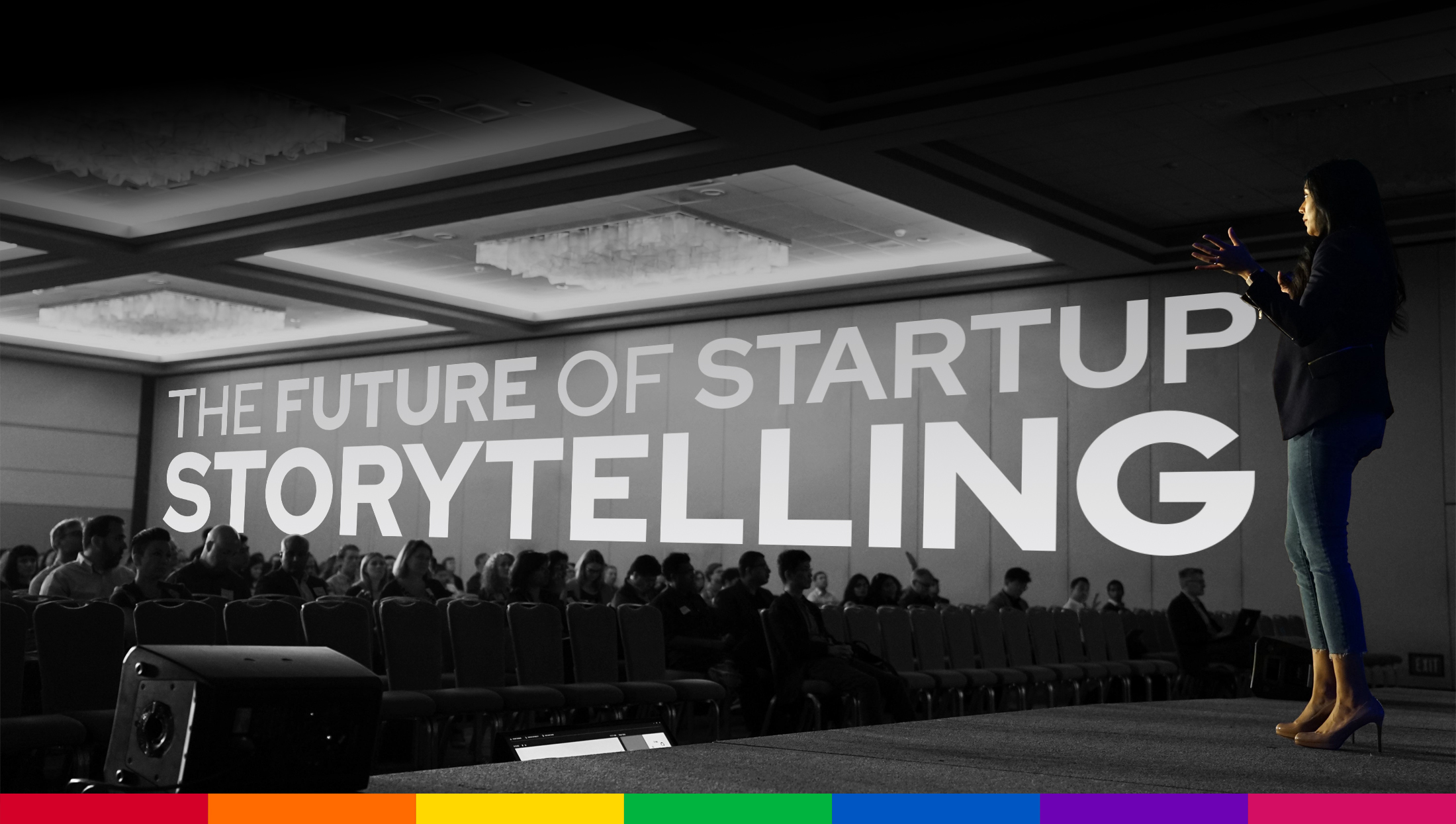 perfectlypitched-storytelling-1928 A woman presenting her startup on a grand stage, glowing in the spotlight, with the words "The Future of Startup Storytelling" projected on the wall behind her.